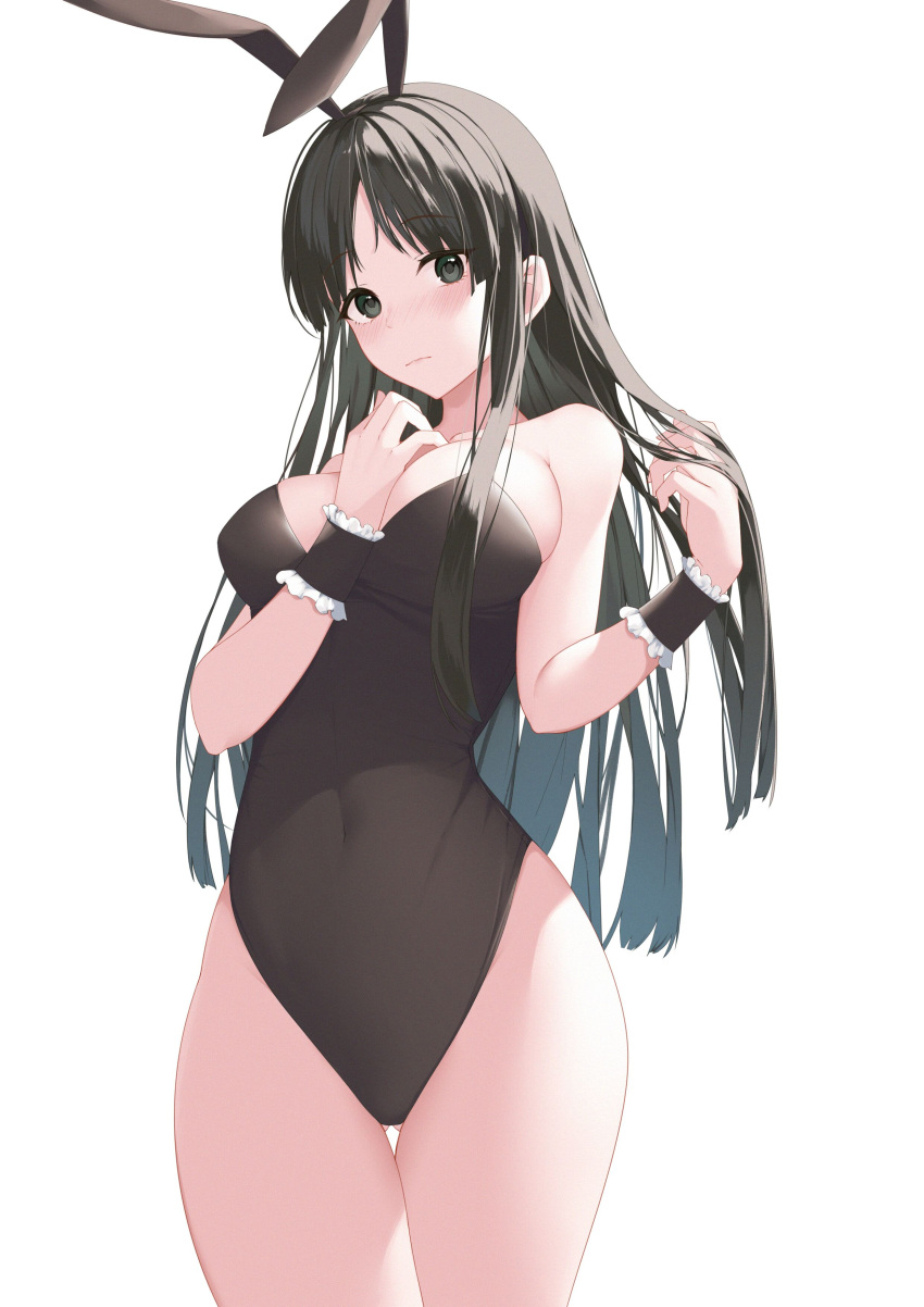 1girl absurdres akiyama_mio animal_ears ass_visible_through_thighs bare_legs black_eyes black_hair black_leotard blush breasts closed_mouth collarbone covered_navel cowboy_shot daidai_gege fake_animal_ears highleg highleg_leotard highres holding holding_hair k-on! large_breasts leotard long_hair looking_at_viewer playboy_bunny rabbit_ears sideboob simple_background solo standing straight_hair strapless strapless_leotard thigh_gap very_long_hair white_background wrist_cuffs