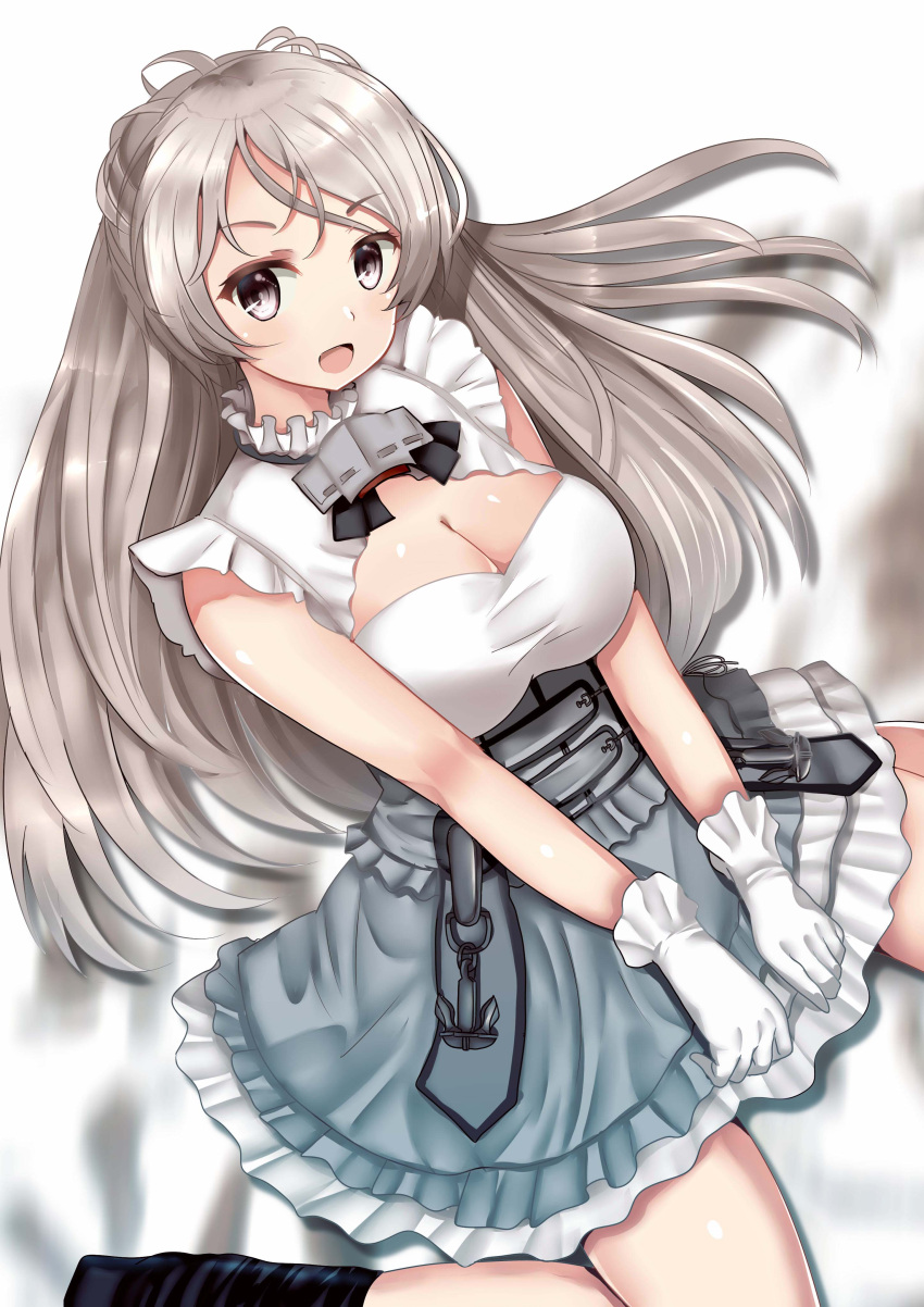 1girl absurdres blush brown_eyes conte_di_cavour_(kancolle) grey_hair highres himura_moritaka kantai_collection long_hair open_mouth simple_background smile solo white_background