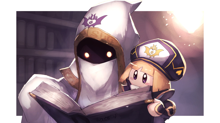 1boy 1girl absurdres bangs black_hair black_headwear blonde_hair blunt_bangs blush book bookshelf border brown_eyes cloak father_and_daughter glowing glowing_eyes gold_trim height_difference highres hood hooded_cloak hyness indoors kirby:_star_allies kirby_(series) library looking_at_another pages reading shiburingaru short_hair sleeves_past_fingers sleeves_past_wrists white_border white_hood yellow_eyes zan_partizanne