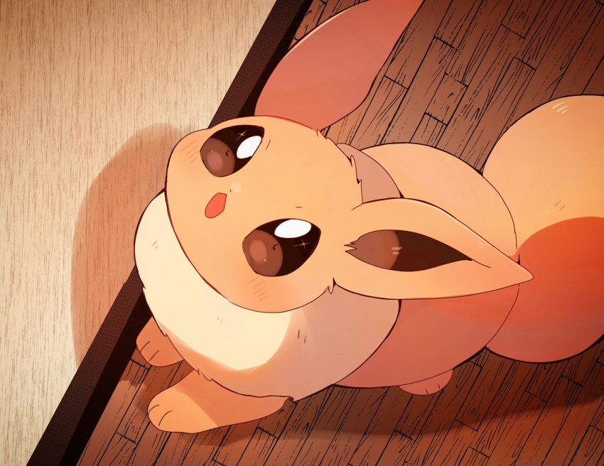 blush brown_eyes commentary_request eevee from_above highres indoors looking_up no_humans open_mouth pokemon pokemon_(creature) solo toes wooden_floor yupo_0322
