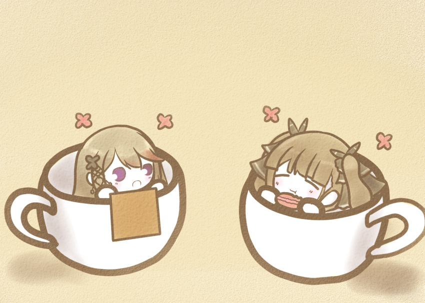 2girls azur_lane butterfly_hair_ornament chibi closed_eyes closed_mouth cup d: dunkerque_(azur_lane) eating food formidable_(azur_lane) grey_hair hair_ornament holding holding_food in_container in_cup koti long_hair macaron multiple_girls open_mouth simple_background twintails violet_eyes x_hair_ornament yellow_background