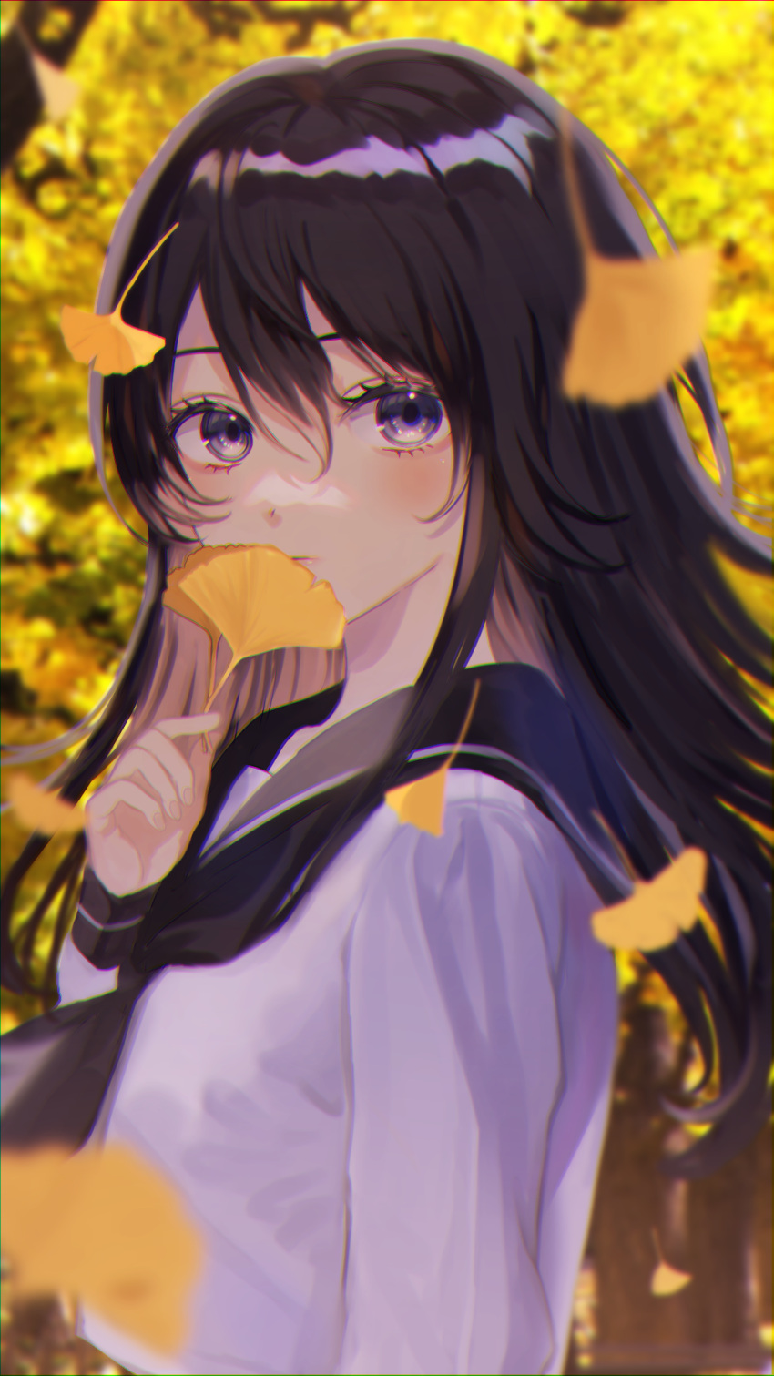 1girl autumn autumn_leaves bangs black_hair black_neckwear black_sailor_collar blush closed_mouth commentary_request day falling_leaves from_side highres holding holding_leaf leaf long_hair long_sleeves looking_at_viewer looking_to_the_side neckerchief original outdoors p2_(uxjzz) sailor_collar school_uniform serafuku shirt solo violet_eyes white_shirt