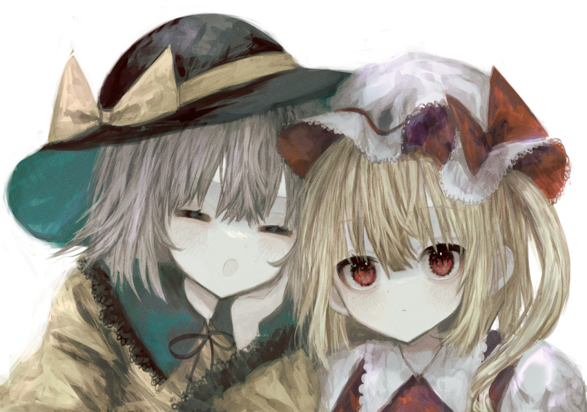 2girls :d absurdres amagi_xx bangs black_headwear blonde_hair bow closed_mouth expressionless eyebrows_visible_through_hair flandre_scarlet frilled_shirt_collar frills hair_between_eyes happy hat hat_bow highres komeiji_koishi light_blush light_green_hair multiple_girls open_mouth red_eyes red_vest shirt short_hair sideways simple_background smile touhou upper_body vest white_background yellow_bow yellow_shirt