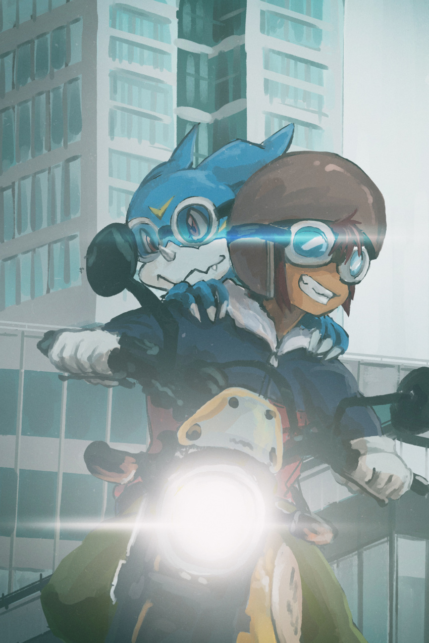 1boy brown_hair building clenched_hand digimon digimon_(creature) digimon_adventure_02 fang feet_out_of_frame fur-trimmed_jacket fur_trim gloves goggles green_pants ground_vehicle helmet highres jacket kta_(kawasakimakimaki) light male_focus motomiya_daisuke motor_vehicle motorcycle pants riding sitting veemon wavy_mouth white_gloves