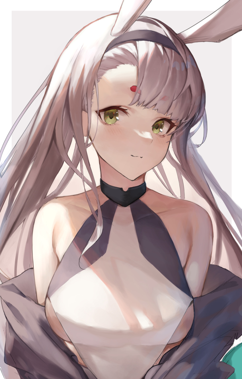 1girl absurdres animal_ears aqua_bow azur_lane bangs bare_shoulders black_hairband black_jacket bow breasts closed_mouth collarbone commentary dress eyebrows_visible_through_hair hairband highres jacket kabi_(zcwd8845) long_hair looking_at_viewer medium_breasts off_shoulder parted_hair rabbit_ears shimakaze_(azur_lane) short_dress sidelocks simple_background sleeveless sleeveless_dress smile solo standing under_boob upper_body very_long_hair white_background white_hair yellow_eyes