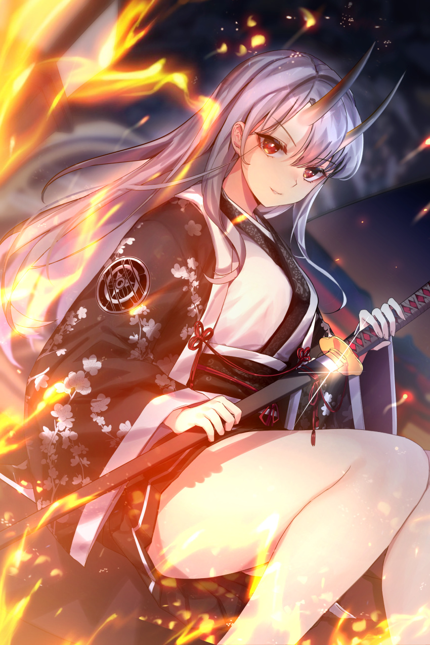 1girl bangs bare_legs black_hair black_skirt breasts commentary copyright_request dutch_angle eyebrows_visible_through_hair fire flame floral_print hair_between_eyes haori highres holding holding_sheath holding_sword holding_weapon horns japanese_clothes kimono knees_together_feet_apart lamp long_hair long_sleeves looking_at_viewer mendou_kusai obi oni_horns parted_lips red_eyes sash sheath sheathed silver_hair sitting skirt smile solo sword thighs unsheathing weapon white_kimono wide_sleeves