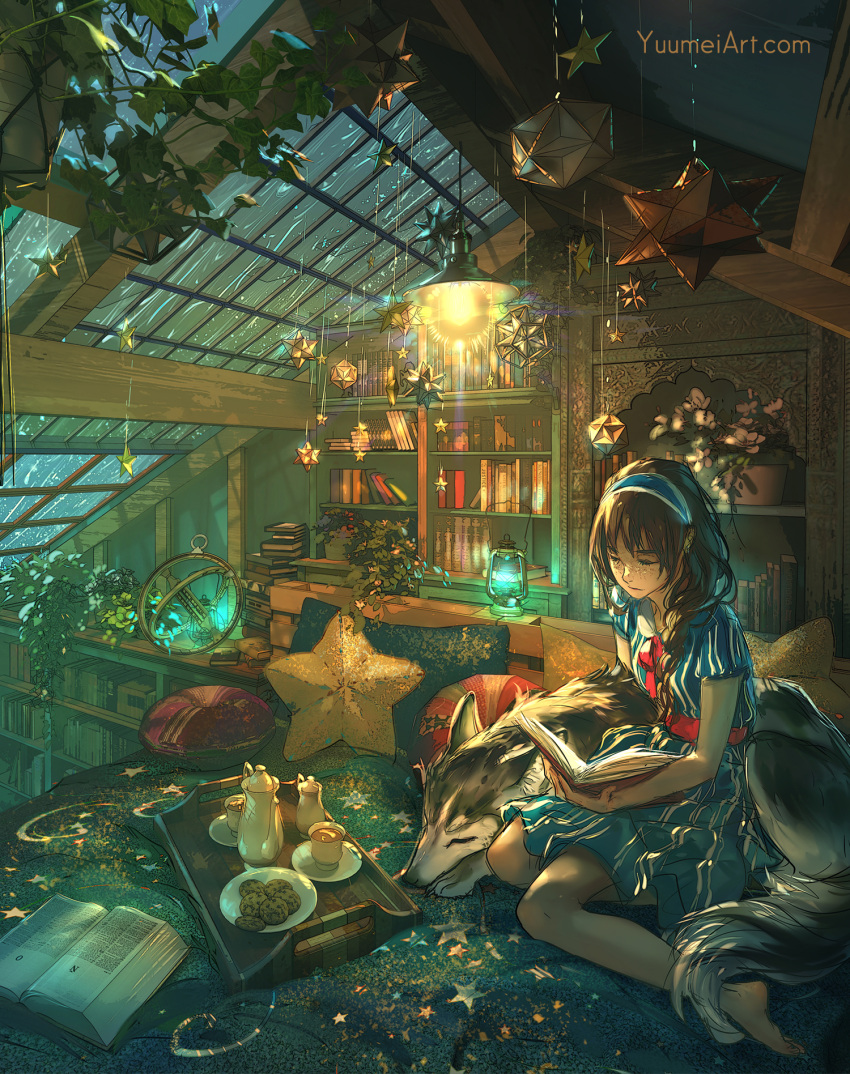 1girl animal blurry blurry_foreground book brown_hair ceiling_light close-up commentary cookie cup dog dress english_commentary fisheye food hairband highres indoors light long_hair looking_at_object medium_dress original pillow plant rain reading scenery short_sleeves sitting star_(symbol) teacup teapot tray water watermark web_address wenqing_yan window