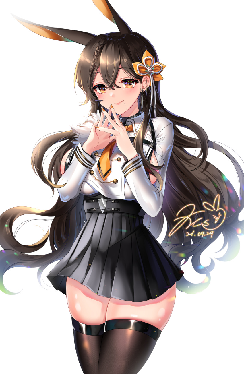 1girl animal_ears azur_lane black_hair black_skirt braid brown_legwear chikuma_(azur_lane) closed_mouth collared_shirt commentary_request dated highres long_hair long_sleeves looking_at_viewer nail_polish orange_nails orange_neckwear pleated_skirt shirt signature simple_background skirt smile solo steepled_fingers thigh-highs very_long_hair white_background white_shirt xes_(xes_5377)