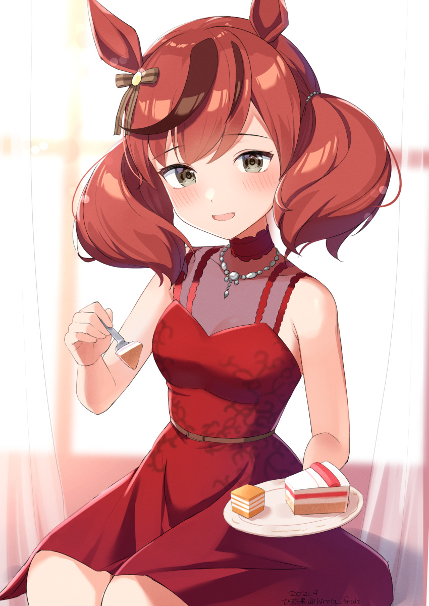 1girl :d absurdres animal_ears bangs bare_arms bare_shoulders blurry blurry_background blush breasts brown_eyes brown_hair cake cake_slice commentary_request covered_collarbone curtains depth_of_field dress eyebrows_visible_through_hair food fork highres hirota_fruit holding holding_fork holding_plate horse_ears looking_at_viewer multicolored_hair nice_nature_(umamusume) open_mouth plate red_dress sitting sleeveless sleeveless_dress small_breasts smile solo streaked_hair transparent twintails umamusume window