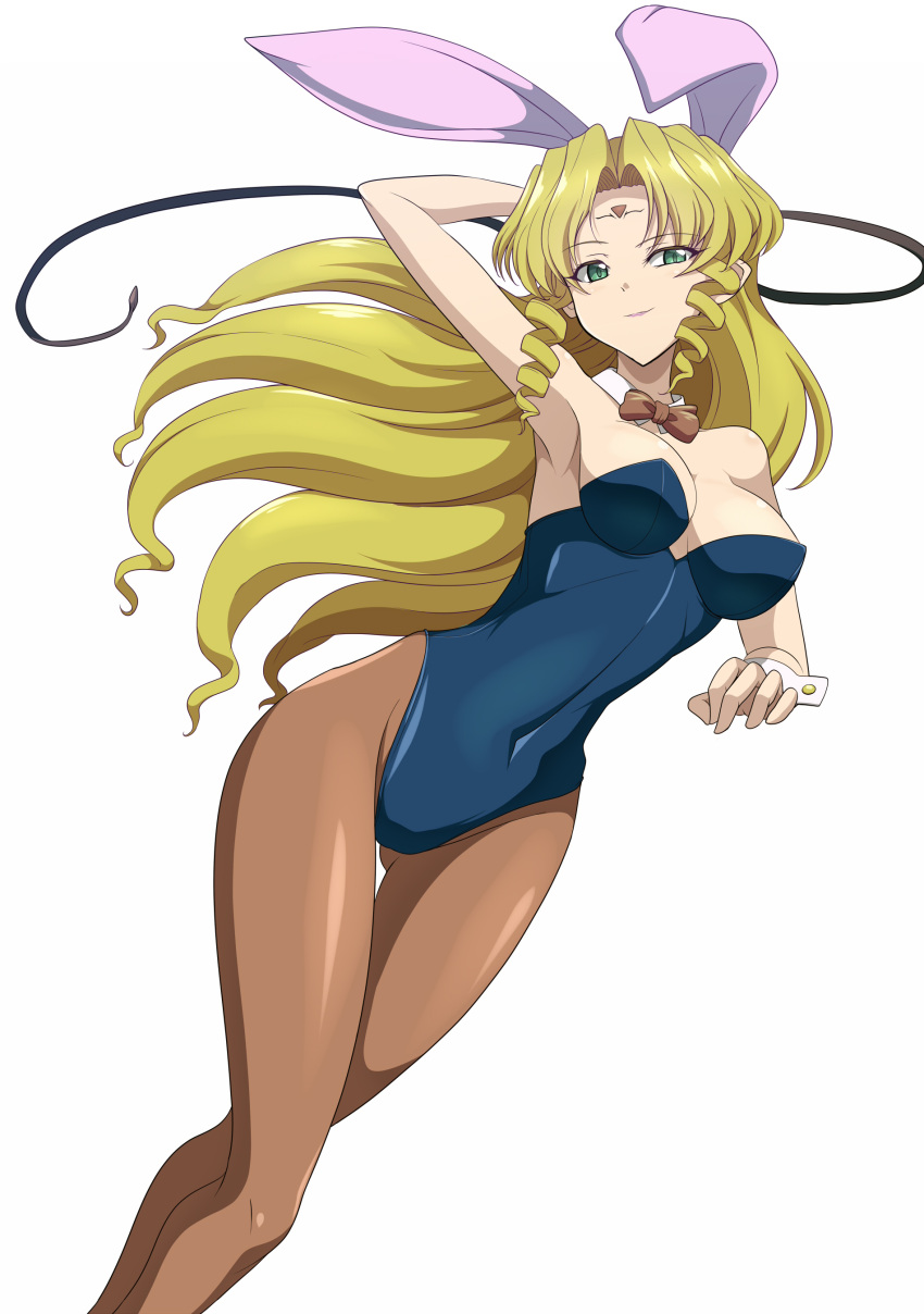 1girl absurdres animal_ears bakuretsu_hunters barbara_ouiblert blonde_hair blue_eyes blue_leotard bow bowtie brown_legwear brown_neckwear clam_curry commentary_request cowboy_shot detached_collar drill_hair facial_mark feet_out_of_frame forehead_mark highres leotard looking_at_viewer pantyhose playboy_bunny rabbit_ears rabbit_tail simple_background smile solo strapless strapless_leotard tail whip white_background wrist_cuffs
