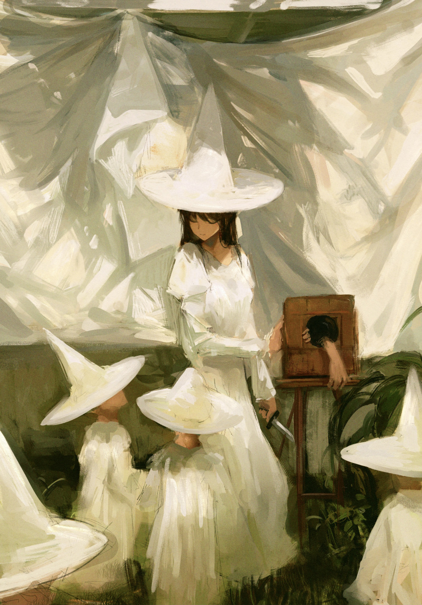 1girl 4others 7ife absurdres black_hair child closed_eyes closed_mouth commentary curtains dress english_commentary grass hat highres holding holding_knife juliet_sleeves knife leaf long_hair long_sleeves magician multiple_others original outdoors puffy_sleeves white_dress white_headwear witch_hat