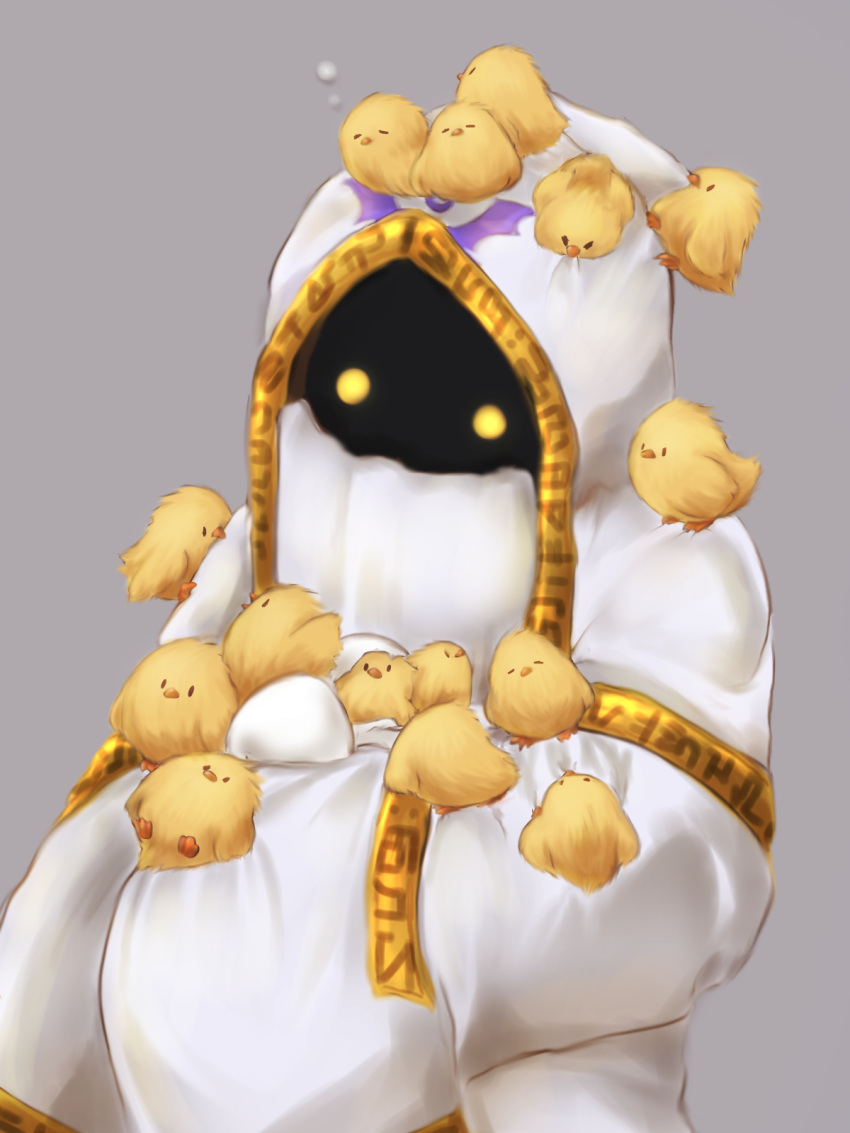 1boy animal_on_head animal_on_shoulder beak bird bird_on_hand bird_on_head bird_on_shoulder chick cloak egg glowing glowing_eyes gold_trim highres holding holding_egg hood hyness kirby:_star_allies kirby_(series) long_sleeves looking_to_the_side lying male_focus mouth_veil mukurou-rukb on_back on_head simple_background sleeping sleeves_past_fingers sleeves_past_wrists solo veil very_long_sleeves white_cloak white_hood yellow_eyes yellow_feathers