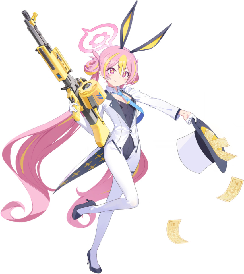 +_+ animal_ears assault_rifle blue_archive blush breasts card gloves gun hair_bun halo hat leg_up long_hair multicolored_hair necktie official_art pink_hair playboy_bunny rabbit_ears rifle small_breasts smile top_hat transparent_background trigger_discipline twintails two-tone_hair weapon