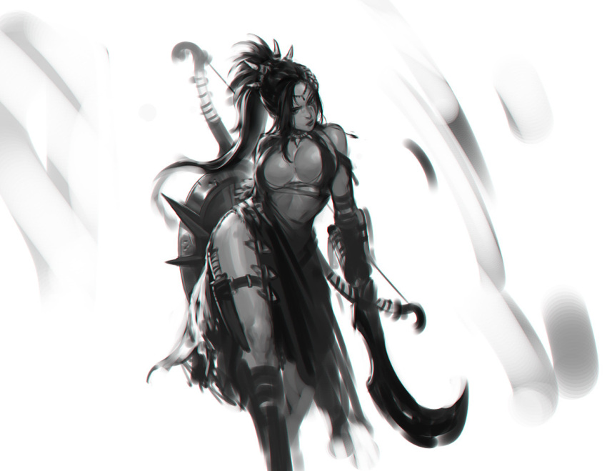 1girl bow_(weapon) breasts dress facial_mark greyscale head_tilt holding holding_sword holding_weapon large_breasts long_hair looking_at_viewer monochrome original pelvic_curtain ponytail shield siun sketch solo sword weapon