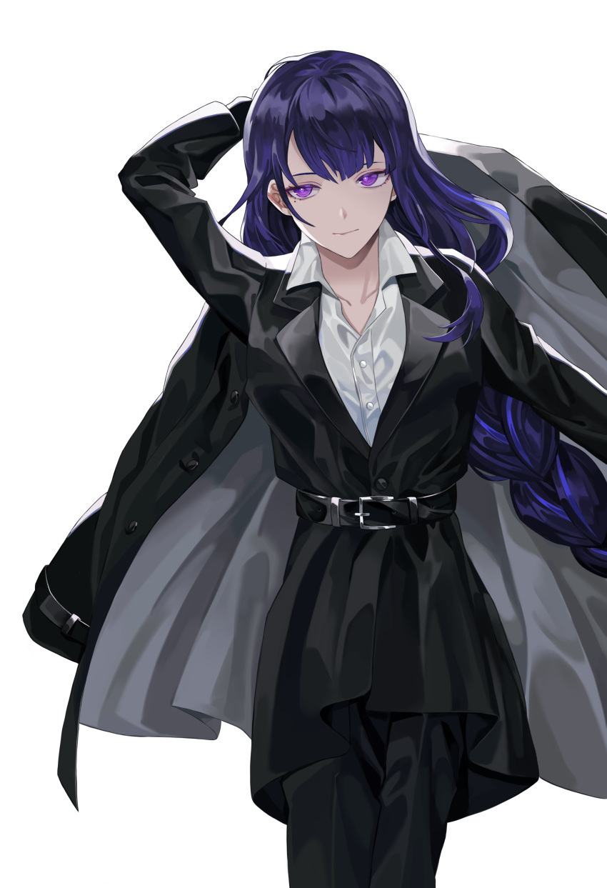 1girl absurdres arm_up bangs belt black_jacket braid breasts closed_mouth collared_jacket collared_shirt eyeliner formal genshin_impact highres holding holding_clothes holding_jacket jacket jacket_removed large_breasts long_hair long_sleeves looking_at_viewer makeup mole mole_under_eye nugag purple_hair raiden_shogun shirt simple_background solo suit violet_eyes white_background white_shirt