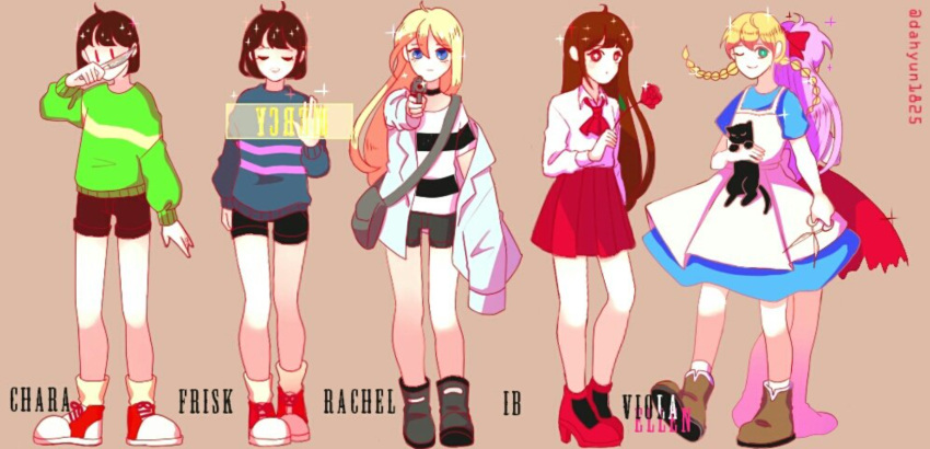 2others 4girls androgynous animal blonde_hair blue_dress blue_eyes blue_shirt braid brown_hair cat chara_(undertale) closed_eyes collared_shirt crossover dahyun1825 dress ellen_(majo_no_ie) flower frisk_(undertale) green_shirt gun hair_ribbon highres holding holding_animal holding_cat holding_flower holding_gun holding_knife holding_weapon ib ib_(ib) jacket knife long_skirt majo_no_ie miniskirt multiple_girls multiple_others open_clothes open_jacket rachel_gardner red_dress red_eyes ribbon satsuriku_no_tenshi shirt short_hair short_shorts shorts skirt striped striped_shirt twin_braids undertale viola_(majo_no_ie) weapon white_jacket