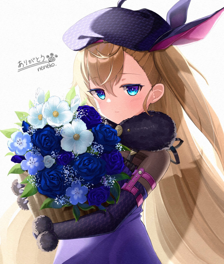 1girl bangs blue_eyes blue_flower blue_rose bouquet brown_hair carrying commentary_request eyebrows_visible_through_hair flower fur_scarf grimms_echoes hair_between_eyes hat highres jibril_(grimms_echoes) long_hair long_sleeves looking_at_viewer neneko_sleep one_side_up rose sidelocks simple_background smile solo white_background