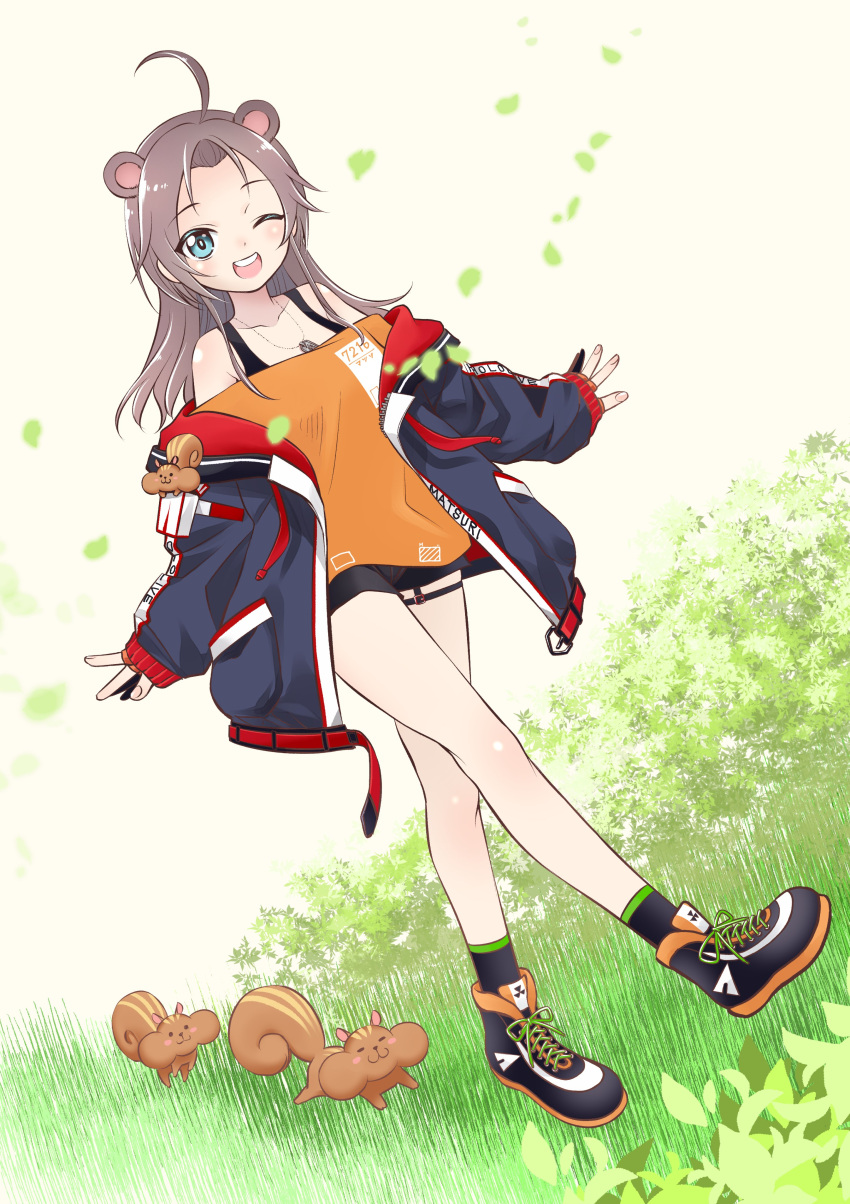 1girl :d absurdres ahoge animal_ears bangs bare_legs bear_ears black_footwear black_legwear black_shorts blue_eyes blue_jacket brown_hair day dog_tags dutch_angle forehead grass highres hololive jacket leaves_in_wind long_hair long_sleeves matsurisu natsuiro_matsuri off-shoulder_shirt off_shoulder one_eye_closed open_clothes open_jacket open_mouth orange_shirt outdoors parted_bangs shirt shoes short_shorts shorts smile sneakers socks solo_focus thigh_strap tree upper_teeth virtual_youtuber yonei_satoshi