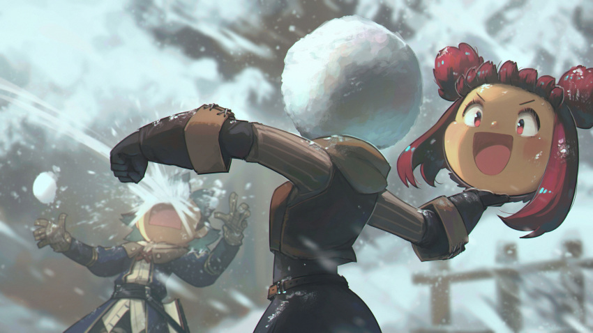 2girls :d absurdres belt black_gloves commentary disembodied_head double_bun dullahan enne_(porforever) gloves green_hair highres in_the_face multiple_girls open_mouth original porforever red_eyes redhead short_hair smile snow snowball snowball_fight solo_focus throwing v-shaped_eyebrows