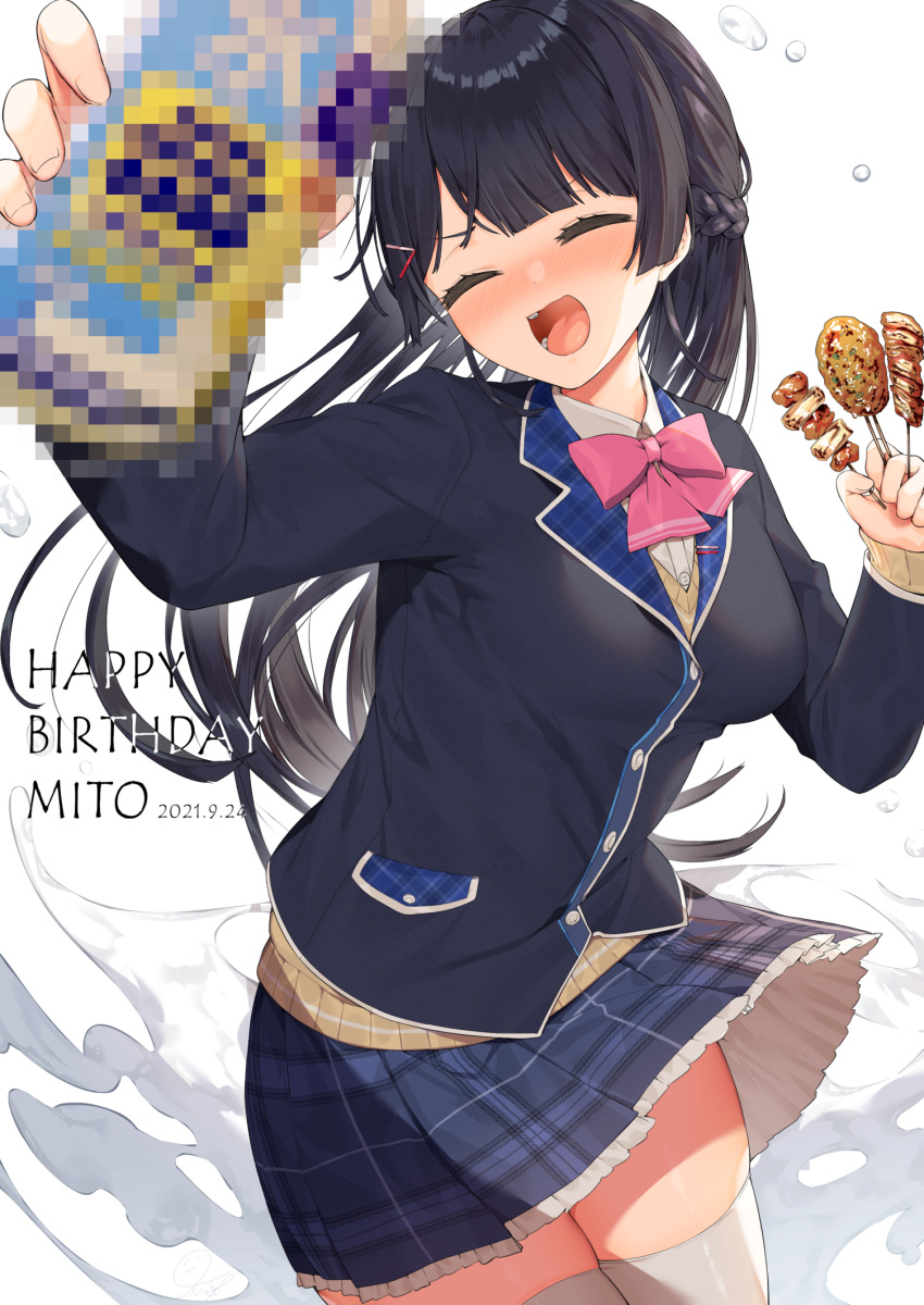 1girl black_hair black_jacket black_skirt blush bow bowtie braid breasts can censored character_name closed_eyes collared_shirt cowboy_shot dated dress_shirt food french_braid hair_ornament hairclip happy_birthday highres holding holding_can holding_food itohana jacket long_hair long_sleeves medium_breasts miniskirt mosaic_censoring nijisanji open_mouth pink_bow pink_neckwear plaid plaid_skirt pleated_skirt school_uniform shirt skewer skirt smile solo straight_hair sweater thigh-highs thighs tsukino_mito uniform virtual_youtuber white_background white_legwear white_shirt wing_collar yakitori yellow_sweater zettai_ryouiki