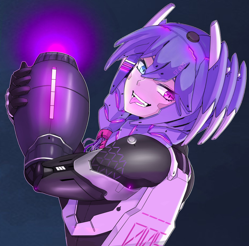 1girl absurdres android arm_cannon bangs black_background blue_eyes eagledl english_commentary fangs from_side glowing heterochromia highres looking_back mechanization mega_man_(series) mega_man_x_(series) nijisanji nijisanji_en purple_hair selen_tatsuki smile solo tongue tongue_out violet_eyes virtual_youtuber weapon