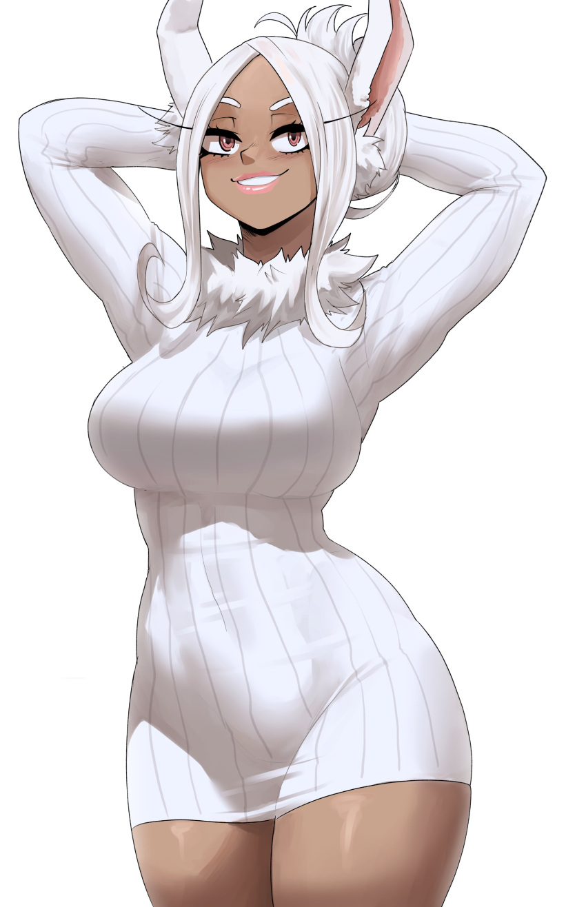 1girl absurdres animal_ears arms_behind_head boku_no_hero_academia breasts brown_eyes cowboy_shot dark_skin dress echo_saber folded_ponytail fur_collar highres large_breasts lipstick long_eyelashes long_sleeves makeup mirko narrow_waist parted_lips rabbit_ears sidelocks simple_background smile sweater sweater_dress thick_thighs thighs tight white_background white_hair white_sweater wide_hips