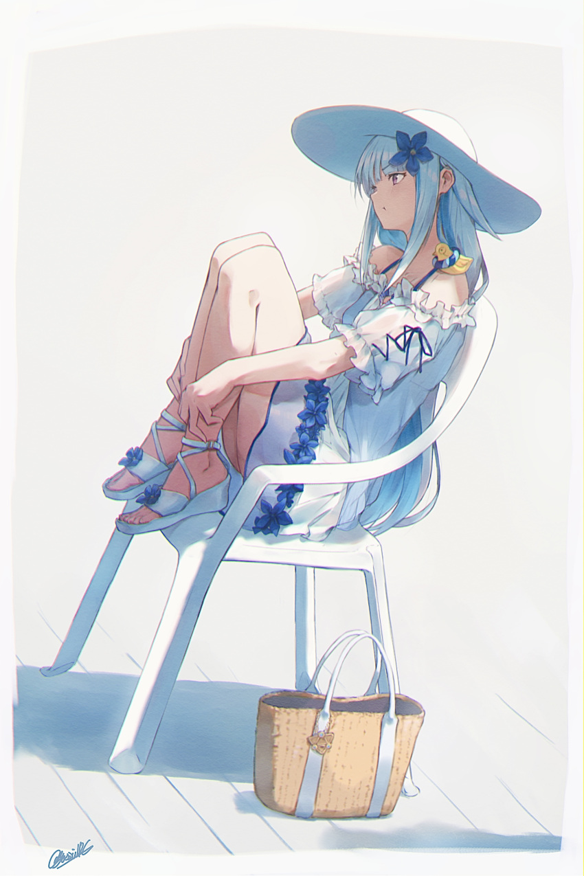 1girl absurdres bag bare_shoulders blouse blue_flower blue_hair chair cross-laced_clothes facing_to_the_side flower hair_behind_ear hair_flower hair_ornament hat highres knees_up lize_helesta long_hair nijisanji off_shoulder sandals shoulder_bag signature simple_background skirt solo sun_hat toes very_long_hair violet_eyes virtual_youtuber white_blouse white_footwear white_headwear white_skirt yossui