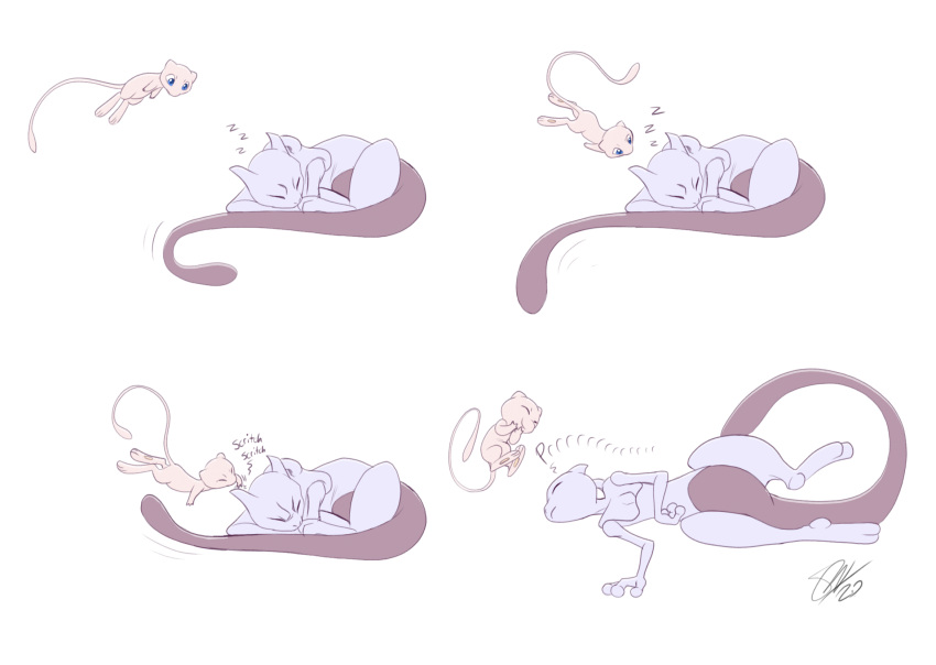 artist_name english_text flying giggling hands_on_own_cheeks hands_on_own_face highres legendary_pokemon mew mewtwo mythical_pokemon no_humans pokemon pokemon_(creature) purring scratching_head signature sleeping smile tail tail_wagging tc-96