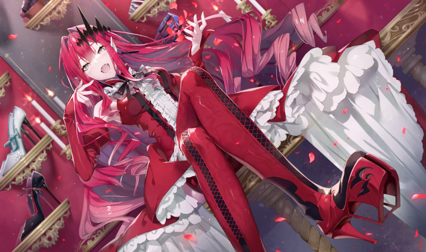 1girl bangs bare_shoulders boots breasts center_frills detached_collar detached_sleeves dress earrings fairy_knight_tristan_(fate) fate/grand_order fate_(series) frills gabiran grey_eyes highres jewelry long_hair looking_at_viewer medium_breasts pink_hair pointy_ears red_dress red_footwear sidelocks thigh-highs thigh_boots thighs tiara