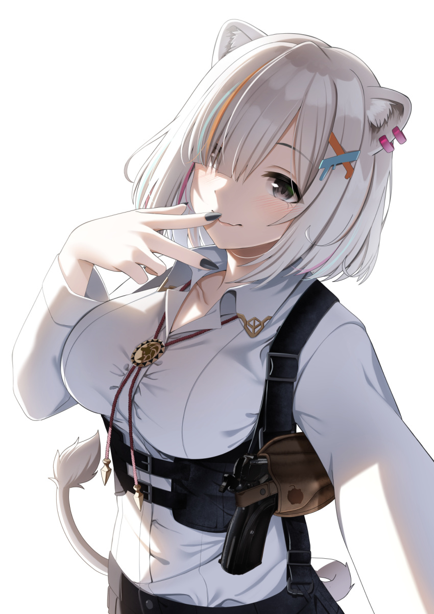 1girl animal_ears bangs black_neckwear blush bolo_tie breasts casino_(casinoep) closed_mouth collarbone ear_piercing eyebrows_visible_through_hair grey_eyes grey_hair hair_ornament hair_over_one_eye highres hololive holster large_breasts lion_ears lion_girl lips long_hair long_sleeves looking_at_viewer piercing selfie shirt shishiro_botan short_hair shoulder_holster simple_background smile solo upper_body v virtual_youtuber white_background white_shirt x_hair_ornament