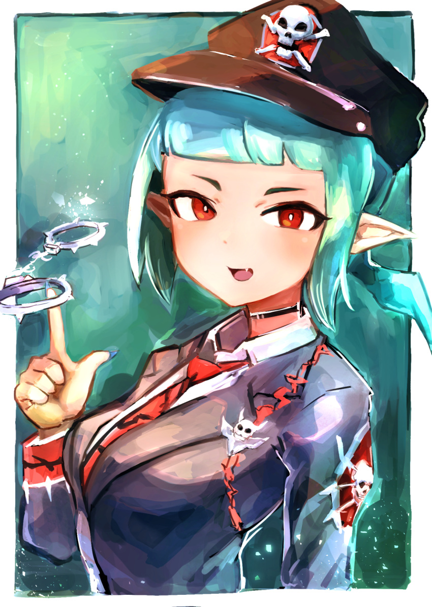 1girl aqua_hair bangs beat_cop_from_the_underworld blunt_bangs border choker cuffs duel_monster fang hand_up handcuffs hat hatano_kiyoshi highres index_finger_raised long_sleeves looking_at_viewer necktie open_mouth outside_border pointy_ears red_eyes short_hair skull_and_crossbones solo upper_body white_border yu-gi-oh!