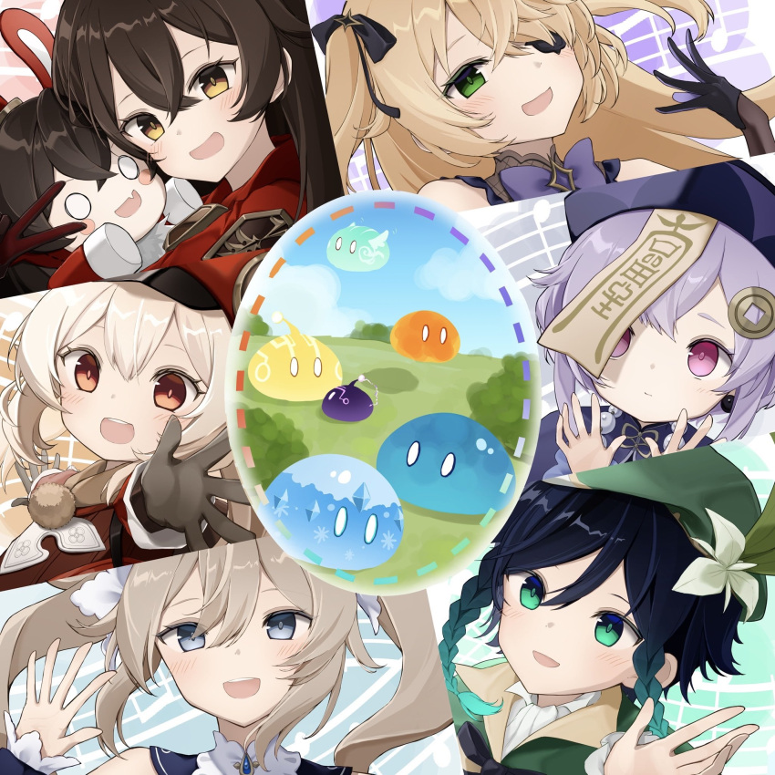 1boy 5girls :d ahoge amber_(genshin_impact) bangs barbara_(genshin_impact) bare_shoulders baron_bunny_(genshin_impact) bead_necklace beads black_hair blue_eyes braid brown_eyes brown_gloves brown_scarf cabbie_hat chinese_clothes close-up clover_print coat coin_hair_ornament commentary_request detached_collar doll_hug drill_hair eyebrows_visible_through_hair eyepatch fischl_(genshin_impact) flower genshin_impact gloves goggles goggles_around_neck gradient_hair green_eyes hair_between_eyes hairband hat hat_flower hat_ornament highres jewelry jiangshi klee_(genshin_impact) light_brown_hair long_hair long_sleeves looking_at_viewer low_twintails multicolored_hair multiple_girls musical_note necklace neneko_sleep nun object_hug ofuda open_mouth orange_eyes pointy_ears qing_guanmao qiqi_(genshin_impact) red_coat red_headwear scarf sidelocks slime_(genshin_impact) smile stuffed_animal stuffed_bunny stuffed_toy twin_braids twin_drills twintails two_side_up venti_(genshin_impact) waving