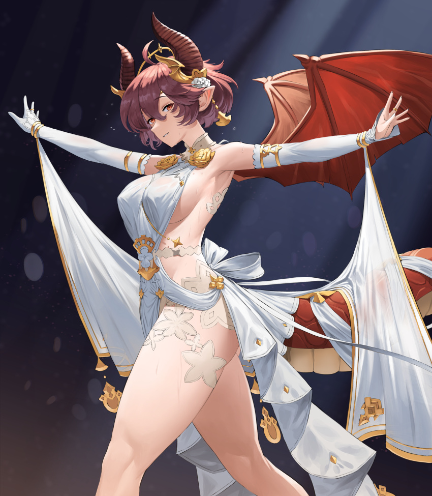 1girl absurdres ahoge ass bare_shoulders breasts covered_nipples detached_sleeves dragon_girl dragon_horns dragon_tail dragon_wings dress feet_out_of_frame gloves granblue_fantasy grea_(shingeki_no_bahamut) grin hair_between_eyes halter_dress halterneck highres horns large_breasts looking_at_viewer manaria_friends outstretched_arms pointy_ears purple_hair red_eyes revealing_clothes short_hair shou_illust sideboob sideless_outfit sideways_glance single_glove smile solo tail thighs white_dress wings