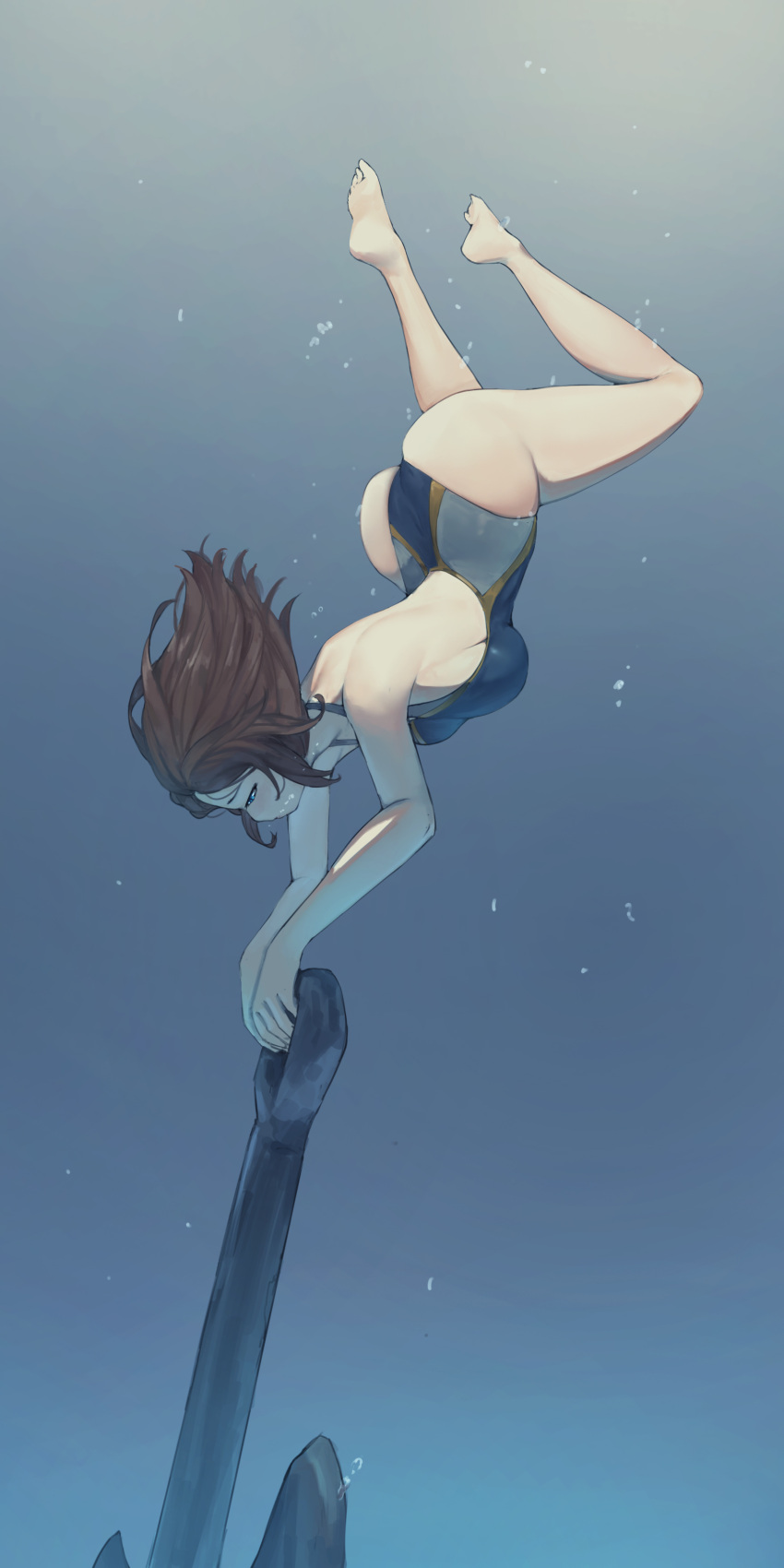 1girl absurdres air_bubble anchor ass bare_back bare_shoulders blue_background blue_eyes breasts brown_hair bubble commentary competition_swimsuit english_commentary floating_hair freediving gradient gradient_background half-closed_eyes halterneck highres large_breasts medium_hair one-piece_swimsuit original rou_(rou22) sinking solo swimming swimsuit underwater water