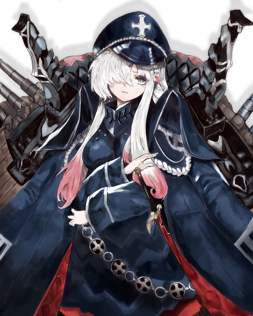 1girl absurdres armor arms_under_breasts azur_lane blue_eyes braid breastplate crossed_arms hair_over_one_eye hat highres iron_cross jacket jacket_on_shoulders kesseil long_bangs looking_at_viewer military military_hat military_uniform multicolored_hair odin_(azur_lane) parted_lips peaked_cap sheath sheathed simple_background solo streaked_hair sword uniform weapon white_background white_hair