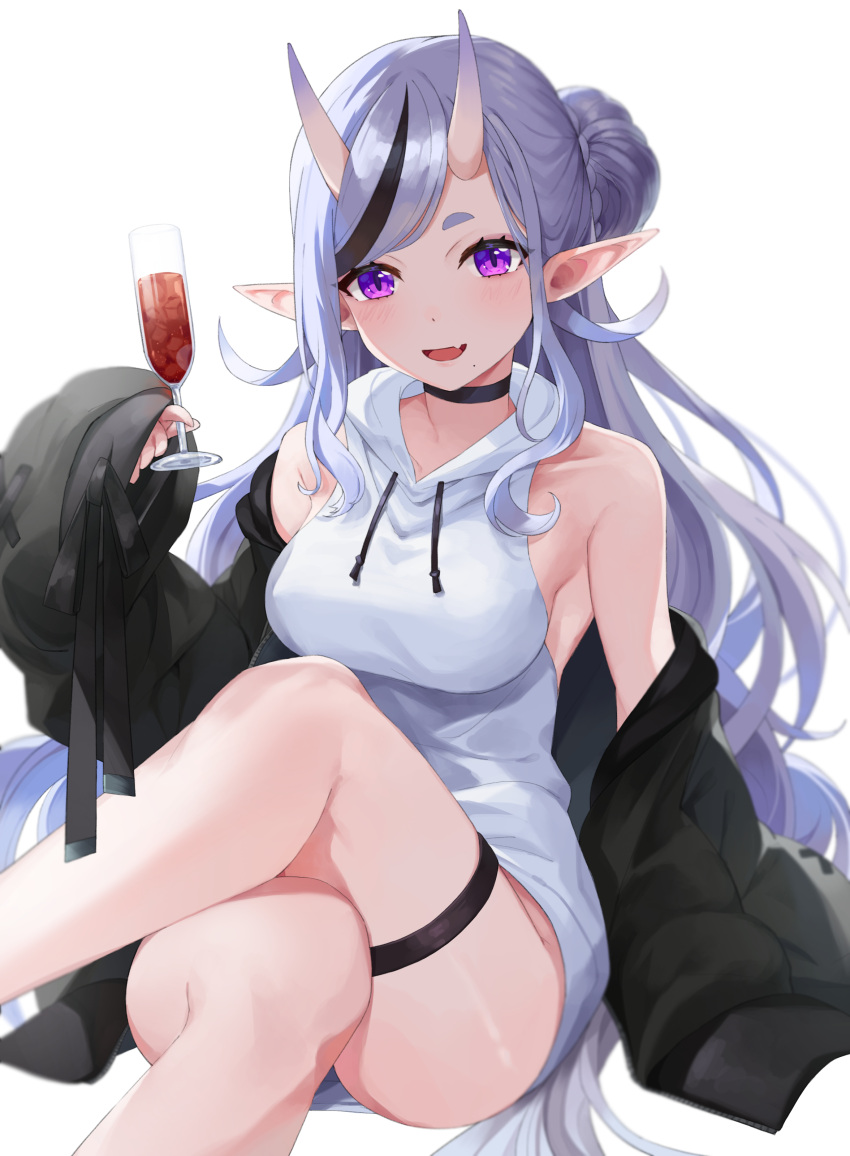 1girl absurdres alcohol bangs bare_shoulders black_choker black_jacket blush breasts champagne_flute choker crossed_legs cup drawstring dress drinking_glass hair_bun halter_dress halterneck highres hooded_dress horns invisible_chair jacket kaguya_(srx61800) long_hair looking_at_viewer mole mole_under_mouth multicolored_hair nijisanji no_panties off_shoulder official_alternate_costume oni oni_horns open_mouth pointy_ears rindou_mikoto short_dress short_eyebrows simple_background sitting skin-covered_horns sleeves_past_fingers sleeves_past_wrists smile solo streaked_hair swept_bangs thigh_strap thighs very_long_hair violet_eyes virtual_youtuber white_background white_dress wine