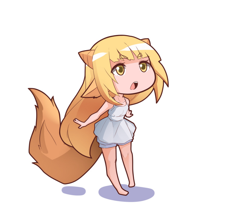 1girl animal_ears bare_arms bare_legs bare_shoulders barefoot blonde_hair chibi dress fox_tail full_body goat_ears goat_horns highres horns long_hair niseoto open_mouth original pointy_ears simple_background solo tail very_long_hair white_background white_dress yellow_eyes