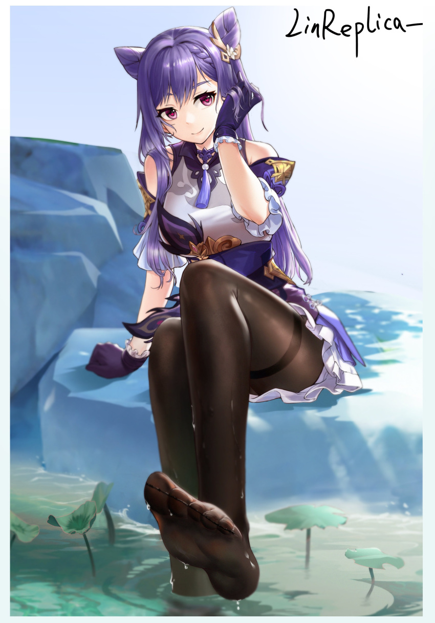 1girl absurdres artist_name black_legwear braid dress feet frilled_dress frilled_skirt frilled_sleeves frills full_body genshin_impact gloves hair_ornament hairclip half-closed_eyes hand_in_hair highres keqing_(genshin_impact) legs lily_pad linreplica looking_at_viewer no_shoes pantyhose purple_gloves purple_hair sitting skirt soles solo twintails violet_eyes water wet