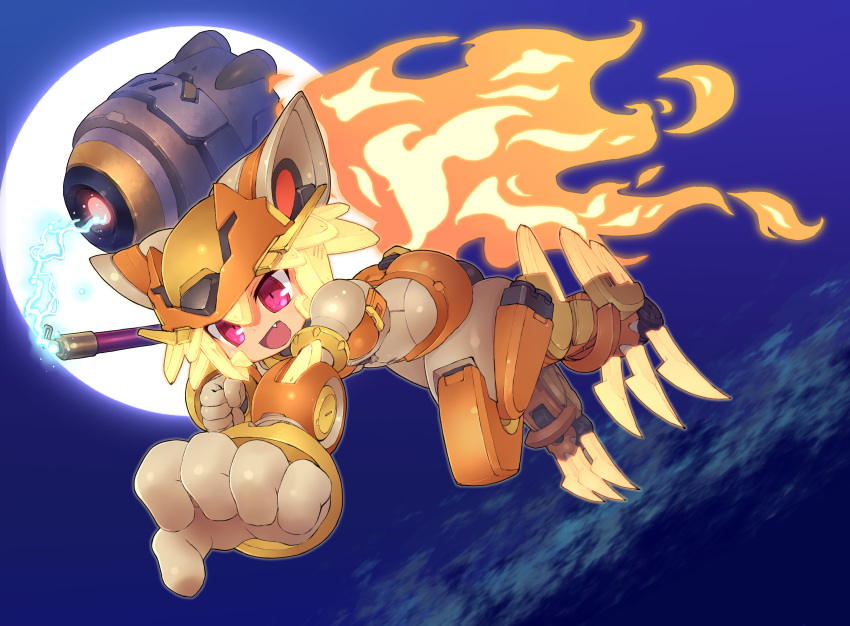 1girl :d absurdres bangs blonde_hair clouds commentary_request commission fang fiery_tail full_body full_moon glowing glowing_hair highres holding holding_staff mecha_musume mechanization moon moonlight_flower open_mouth ragnarok_online reaching_out red_eyes sankuma second-party_source short_hair skeb_commission smile solo staff tail