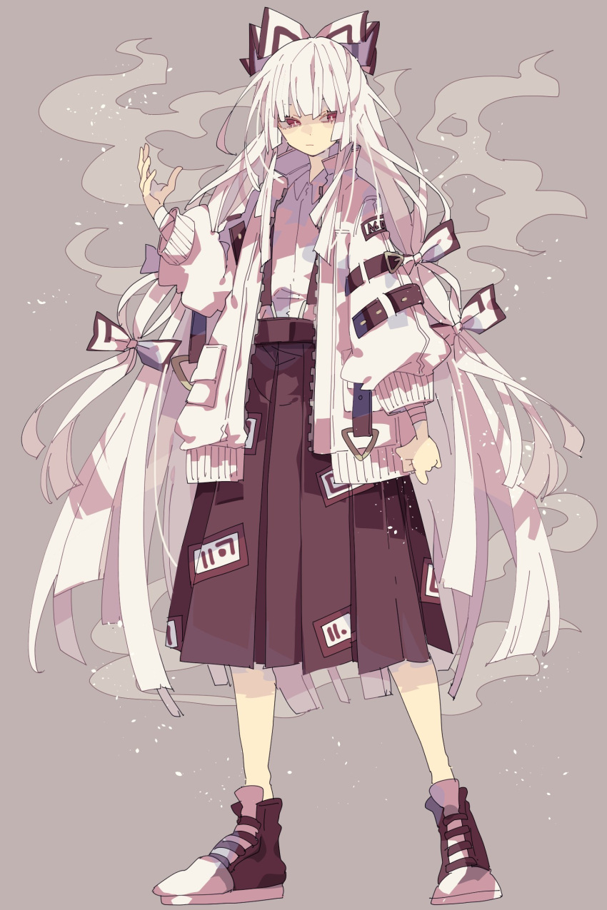 1girl :| absurdres adapted_costume bangs belt bow buckle closed_mouth collared_shirt commentary_request expressionless fujiwara_no_mokou full_body grey_background hair_bow highres long_hair long_sleeves looking_to_the_side nikorashi-ka ofuda ofuda_on_clothes pleated_skirt red_eyes red_footwear red_skirt shirt shoes sidelocks simple_background skirt smoke sneakers solo standing suspender_skirt suspenders touhou white_hair white_shirt wing_collar