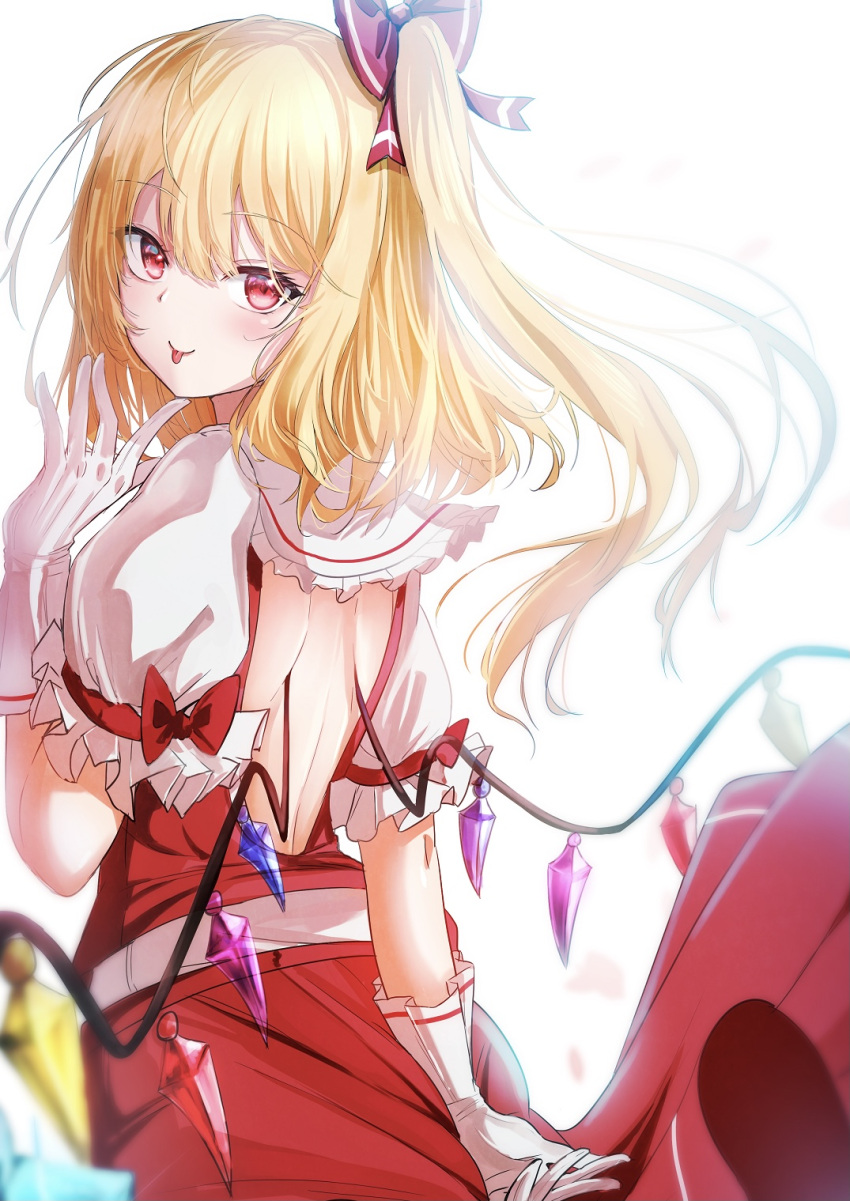 1girl :p ass backless_outfit bangs blurry blush bow closed_mouth commentary_request cowboy_shot crystal depth_of_field eyebrows_visible_through_hair flandre_scarlet frilled_shirt_collar frills from_behind gloves hair_between_eyes hair_bow hand_up highres long_hair looking_at_viewer looking_back no_hat no_headwear one_side_up puffy_short_sleeves puffy_sleeves red_bow red_eyes red_skirt red_vest renka_(cloudsaikou) short_sleeves skirt smile solo tongue tongue_out touhou vest white_gloves wind wind_lift wings
