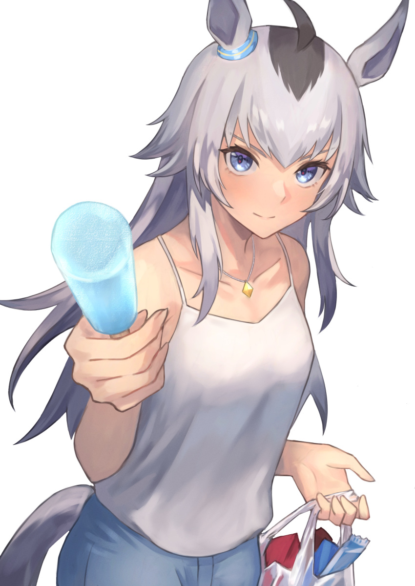 1girl absurdres ahoge alternate_costume animal_ears bag bare_shoulders blue_eyes camisole collarbone erulusyro food grey_hair highres holding holding_bag holding_food horse_ears horse_girl horse_tail jewelry long_hair multicolored_hair necklace oguri_cap_(umamusume) popsicle silver_hair simple_background smile snack solo tail two-tone_hair umamusume white_background white_camisole