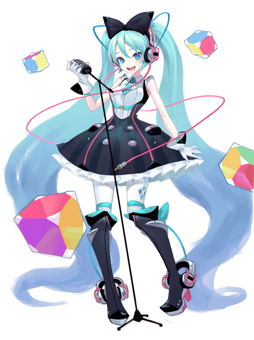 1girl :d absurdly_long_hair black_bow blue_eyes blue_hair blue_neckwear blush boots bow fkey full_body gloves hair_bow hatsune_miku headphones high_heel_boots high_heels highres holding holding_microphone knee_boots long_hair looking_at_viewer magical_mirai_(vocaloid) microphone microphone_stand necktie open_mouth pantyhose pigeon-toed platform_footwear shirt simple_background smile solo standing standing_on_one_leg studio_microphone twintails very_long_hair vocaloid white_background white_gloves white_legwear white_shirt
