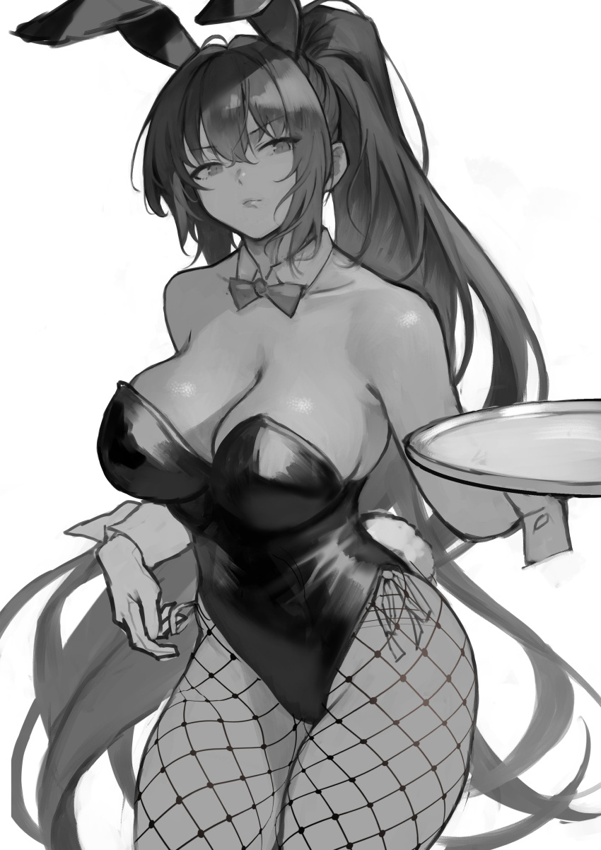 1girl absurdres animal_ears bangs blue_archive breasts closed_mouth eyebrows_visible_through_hair fishnet_legwear fishnets gloves greyscale highres holding holding_tray karin_(blue_archive) large_breasts leotard lips long_hair monochrome pantyhose playboy_bunny ponytail rabbit_ears rabbit_tail simple_background solo tail tray wrist_cuffs yoshio_(55level)