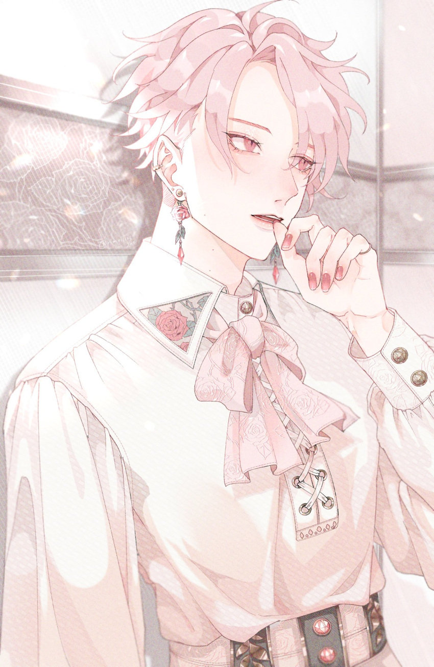 1boy bow collared_shirt earrings floral_print flower_ornament highres indoors jewelry leaf_print lens_flare long_sleeves looking_away looking_to_the_side open_mouth original pink_bow pink_eyes pink_hair pink_nails pink_theme rimei1226 shirt short_hair