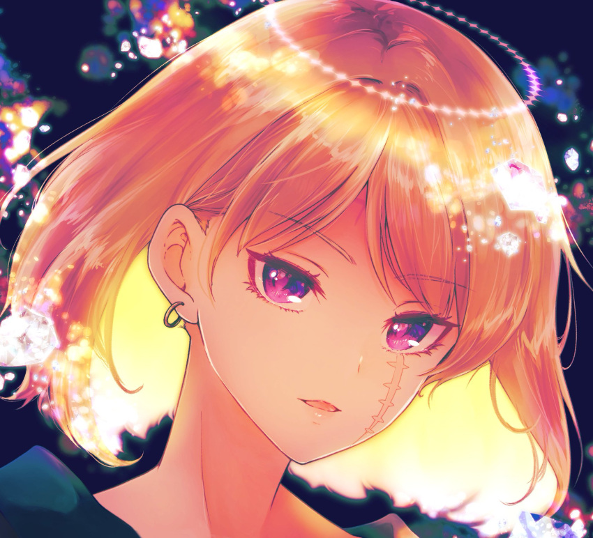 1girl bangs blonde_hair earrings eyebrows_visible_through_hair gintama highres jewelry looking_at_viewer medium_hair open_mouth paleatus portrait scar scar_on_cheek scar_on_face shiny shiny_hair solo tsukuyo_(gintama) violet_eyes
