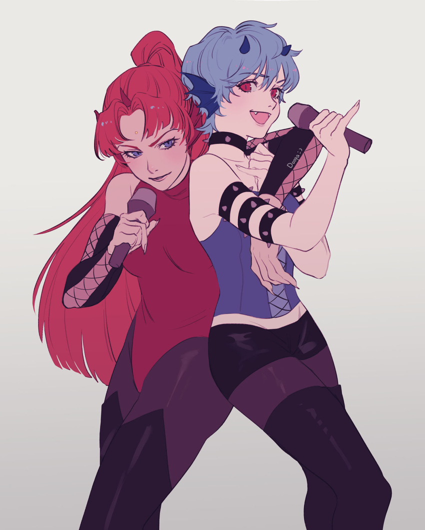 2girls :d arm_around_shoulder armlet bangs black_choker black_footwear black_legwear black_shorts blue_eyes blue_hair blue_horns boots choker closed_mouth commentary cowboy_shot detached_sleeves eyebrows_visible_through_hair fingernails forehead_jewel grey_background head_fins highres holding holding_microphone horns leotard long_hair mermaid_melody_pichi_pichi_pitch microphone mimi_(mermaid_melody_pichi_pichi_pitch) multiple_girls music na_yeon open_mouth pantyhose parted_bangs pinky_out ponytail red_eyes red_horns red_leotard redhead sharp_fingernails sheshe short_hair short_shorts shorts siblings singing single_horn sisters smile spiked_armlet studded_choker thigh-highs thigh_boots turtleneck_leotard