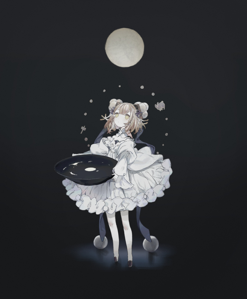 1girl absurdres bangs blue_ribbon bowl brown_hair closed_mouth cup dress frilled_dress frills full_body gloves glowing gradient gradient_background grey_background hair_ornament highres holding holding_bowl hoshi_rousoku long_sleeves looking_away looking_up moon original ribbon sakazuki short_hair solo standing thigh-highs water white_dress white_gloves white_legwear yellow_eyes