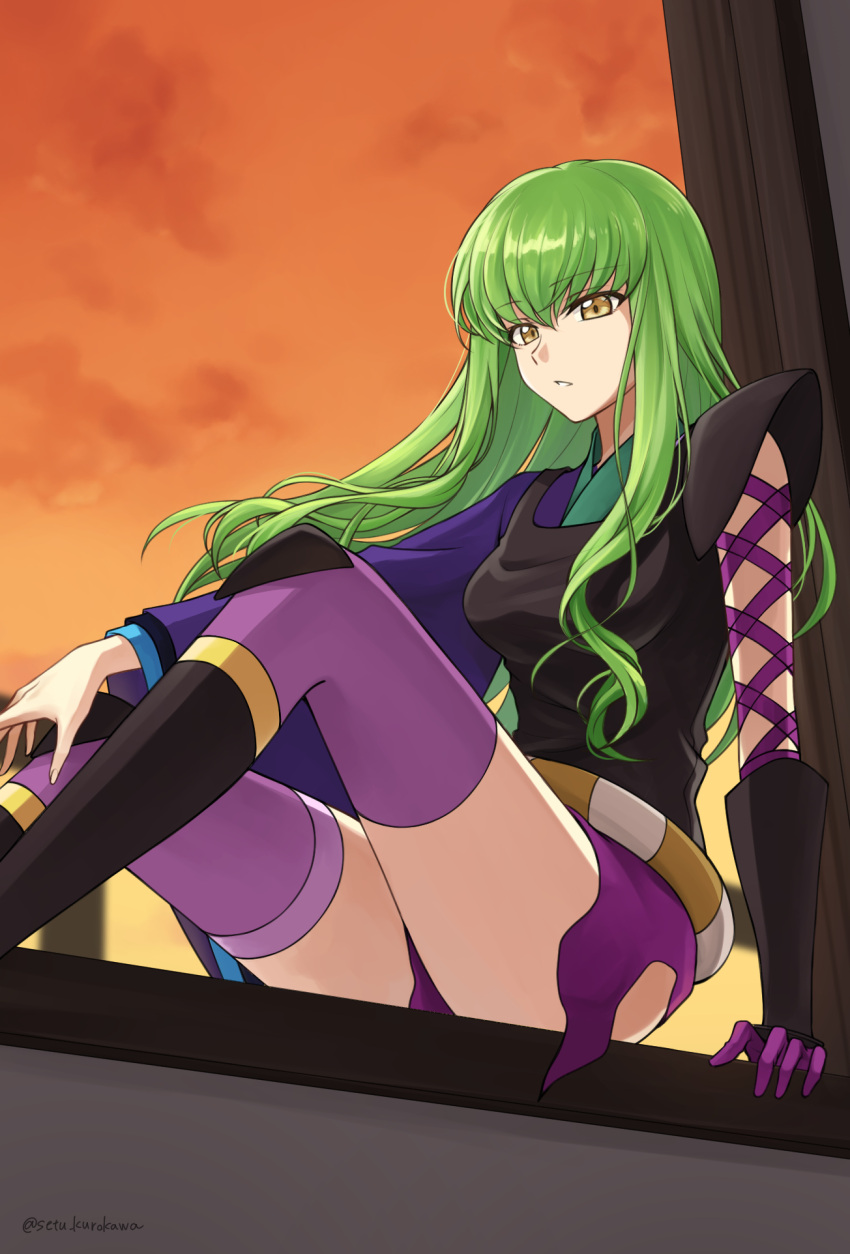 1girl alternate_costume arm_ribbon asymmetrical_gloves asymmetrical_sleeves bangs black_shirt c.c. code_geass eyebrows_visible_through_hair gloves green_hair hair_between_eyes highres long_hair orange_sky parted_lips purple_gloves purple_legwear purple_ribbon purple_skirt ribbon setu_kurokawa shiny shiny_hair shirt single_glove sitting_in_window skirt sky sleeveless sleeveless_shirt solo straight_hair thigh-highs torn_clothes torn_skirt twitter_username very_long_hair yellow_eyes