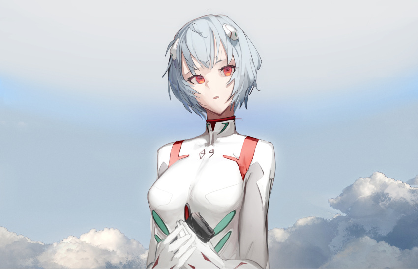 1girl ayanami_rei bangs blue_hair bodysuit breasts cassette_player clouds hands_together highres holding interface_headset looking_at_viewer looking_to_the_side neon_genesis_evangelion plugsuit red_eyes short_hair sin9 sky solo turtleneck upper_body white_bodysuit